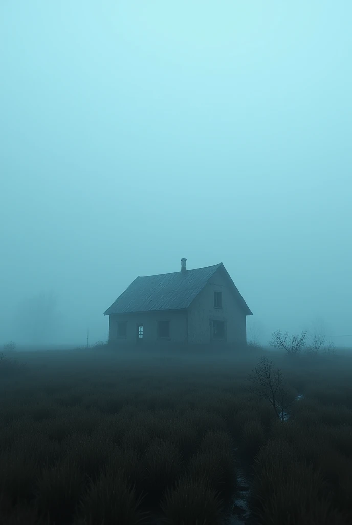 Foggy rural field, destroyed building, inspired by blade runner movie scene,long shot ,blue tonee