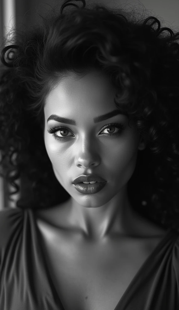 Beautiful, defined jawline, voluminous hair,( puffy lips:1.2), Thepit style, detailed, black and white photograph