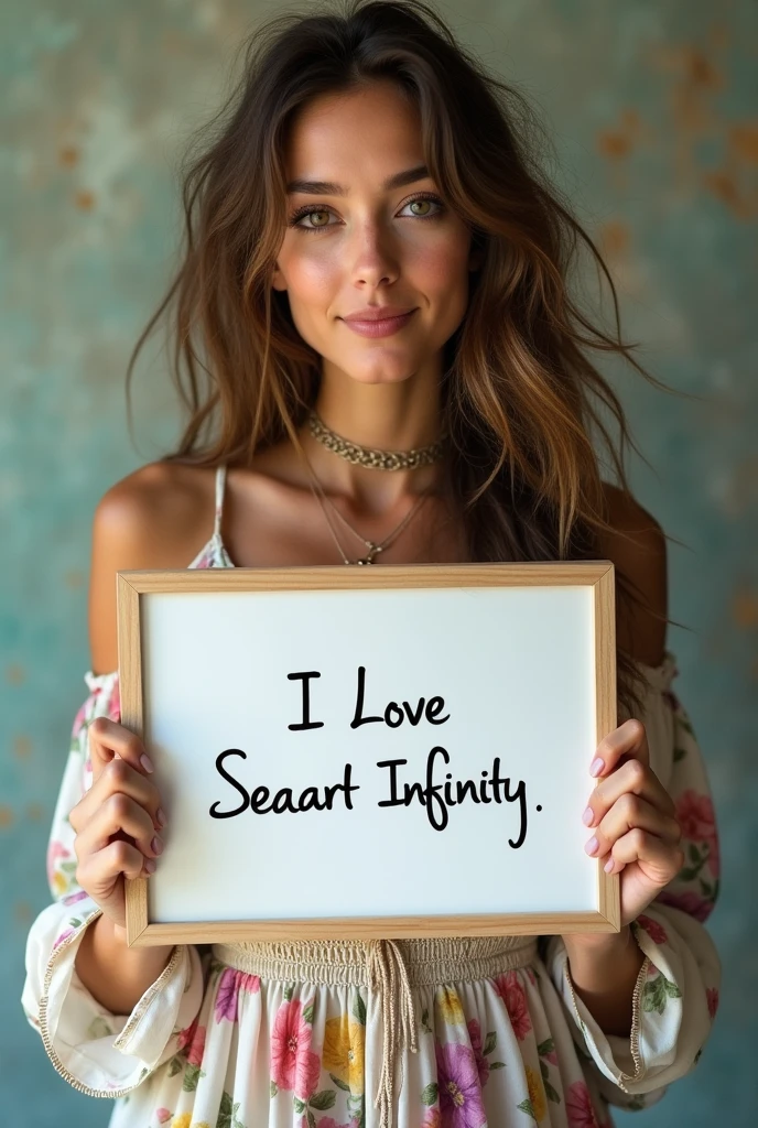 Beautiful girl with wavy long hair, bohemian dress, holding a white board with text "I Love Seaart Infinity" and showing it to the viewer