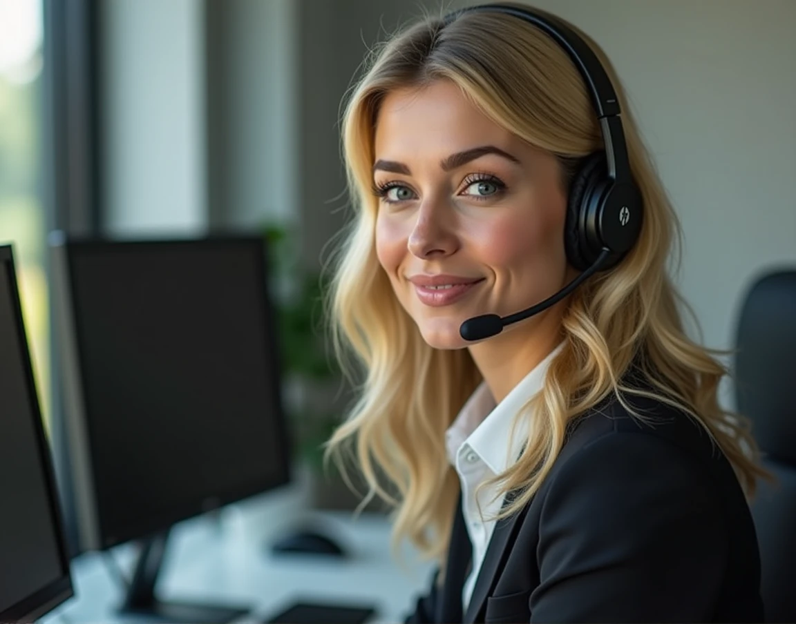 one women, 35 years old with blonde hair, detailled eyes, nose, and lips, wear a professional outfit, Sitting in your office,wears a headset,with your computer, hp computer (best quality,4K,8k,highres,masterpiece:1.2),Ultra-detail,(realisti,photorealisti,photo-realisti:1.37),HDR,studio lighting,Extremely detailed face and body,warm colors,light background