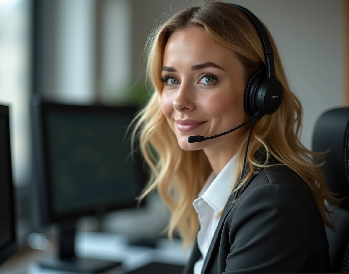 one women, 35 years old with blonde hair, detailled eyes, nose, and lips, wear a professional outfit, Sitting in your office,wears a headset,with your computer, hp computer (best quality,4K,8k,highres,masterpiece:1.2),Ultra-detail,(realisti,photorealisti,photo-realisti:1.37),HDR,studio lighting,Extremely detailed face and body,warm colors,light background