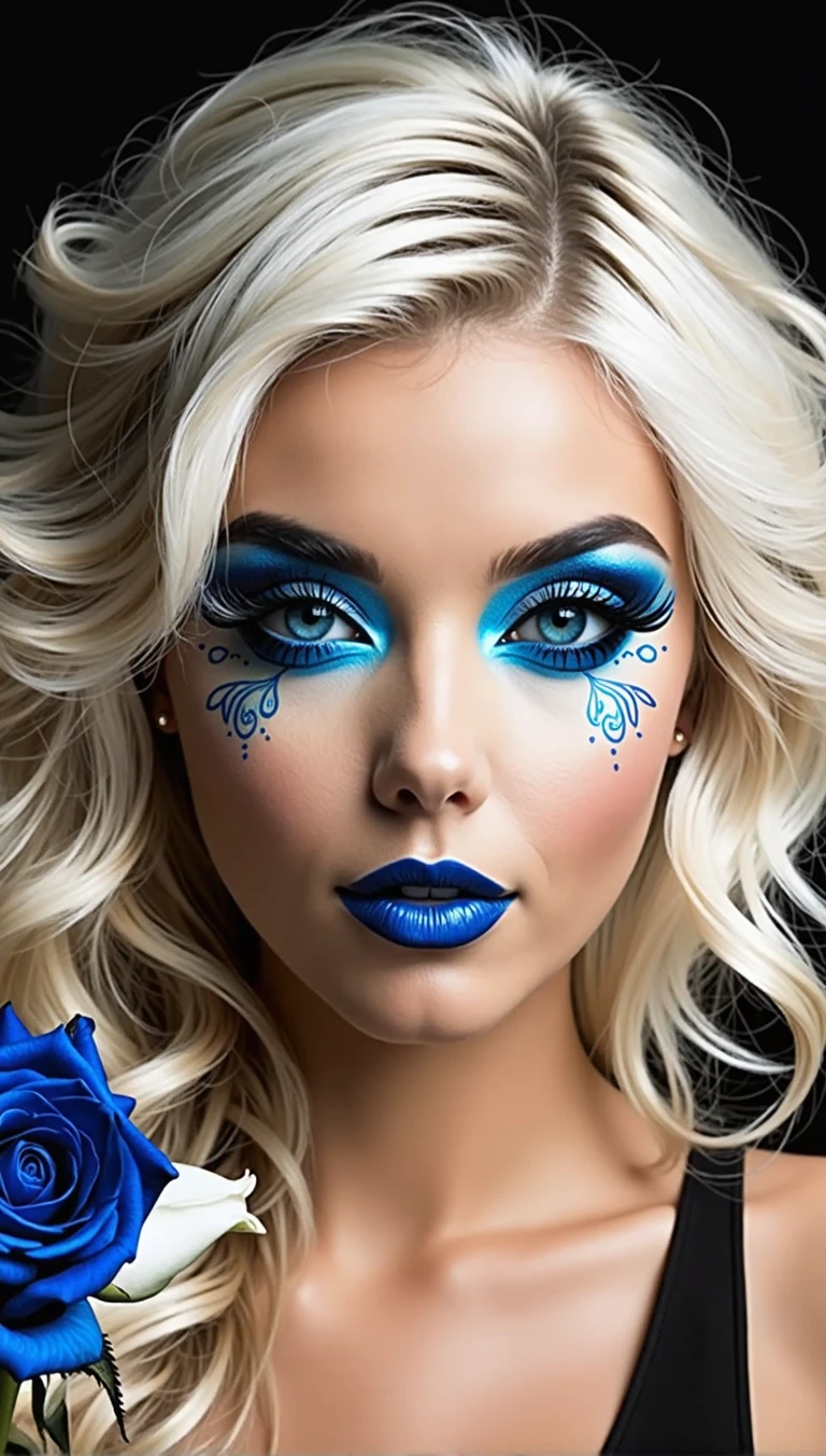 Photo noir et blanc et bleu profond, une femme heureuse et rayonnante de bonheur aux yeux bleus sublimes, (longs cheveux blonds aux reflets bleus électriques très détaillés), une grande paire de fines lunettes en titane , une peau impeccable, tir à moitié du corps, tenant une rose darkblue, intensité du regard captivant, style de photographie fantaisiste, capturé avec un appareil photo, Cinématique, Éclairage dramatique, Extrêmement clair, masterpiece surréaliste à couper le souffle.
