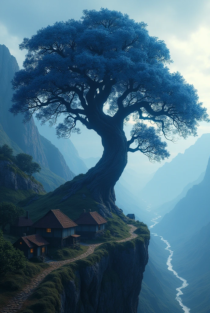 Dark blue tree on tha village mountain