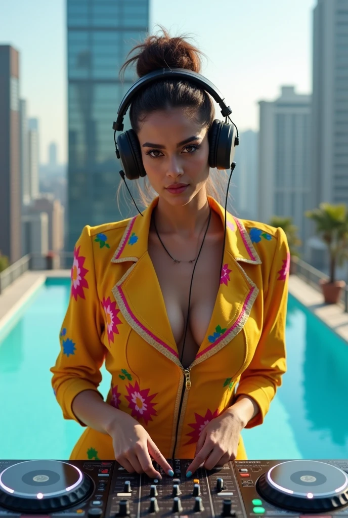 Female Indian DJ, Colorful clothes, Peculiar, Vibrant appearance, Have big breasts, Playful accessories, creative, Imaginative, Sensual, Voluntary, DJ headphones, Mixing Console, Music Clubs, on top of a skyscraper roof, with in the background a pool., Skin Texture, Intricate details, (Cinema Lighting), Photo RAW, 8K