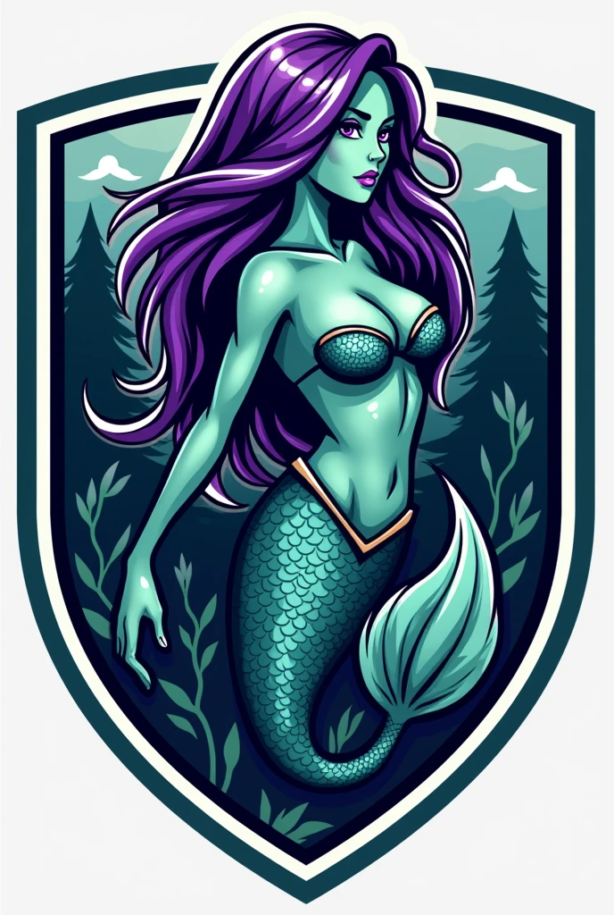 shield de equipo deportivo campamento con una sirena y que tenga escrito sirenas
que sea verde acua y morado (shield) the mermaid is aqua green with purple hair