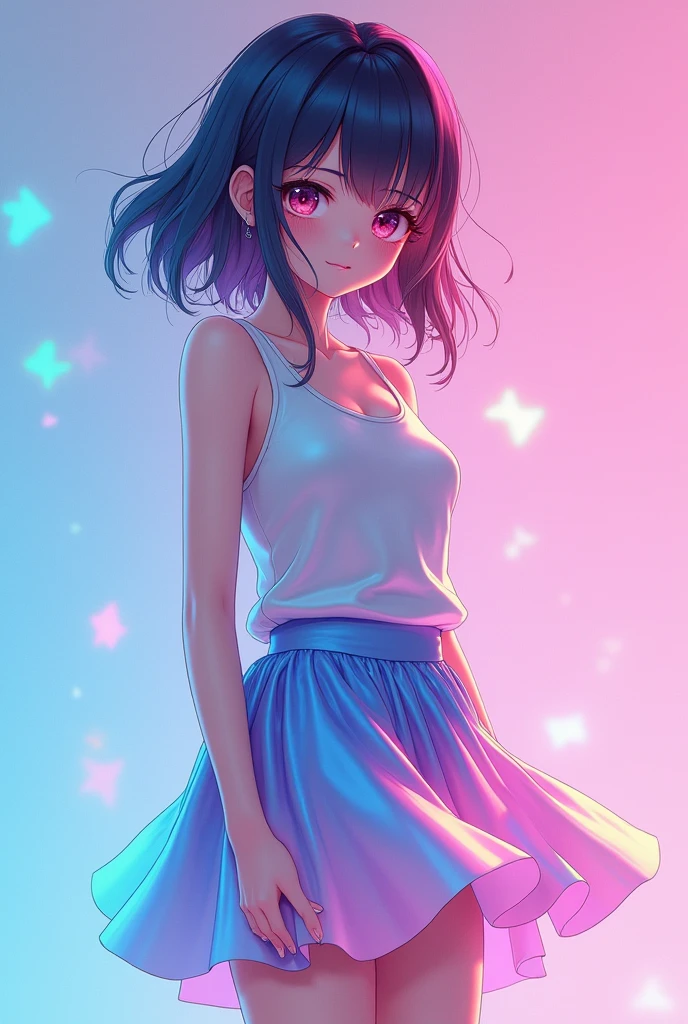 Full body view, anime style, a girl wearing a tank top and skirt gradient, highly reflective and shiny, the dress reflects glares of pink and blue colors, the cloth that reflects rainbow colors, her hairs are also gradient, beautiful detailed eyes, beautiful detailed lips, extremely detailed eyes and face, long eyelashes, photorealistic, 8k, high quality, masterpiece, ultra-detailed, vivid colors, studio lighting, physically-based rendering, digital art, concept art, anime, blue and pink glare all over the image