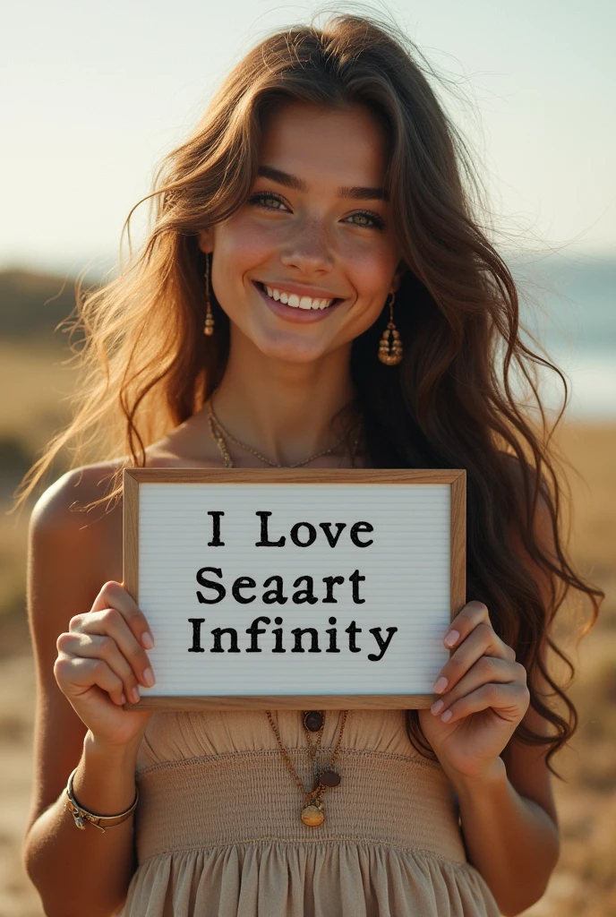 Beautiful girl with wavy long hair, bohemian dress, holding a white board with text "I Love Seaart Infinity" and showing it to the viewer