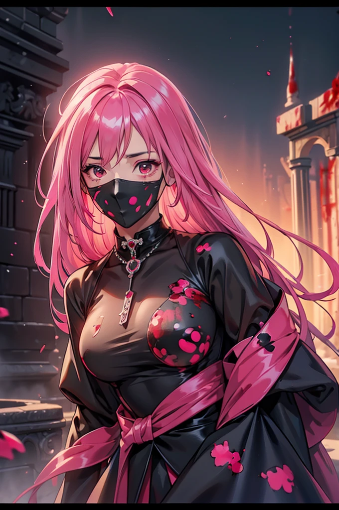 girl,Looking into the distance from the castle,alone,masterpiece,Highest quality,pink Hair,glowing red Eyes,Darkening,dark,Shadow Thing,douchebag,sneer,Looking down,Black Shadow,Black viscous liquid,dark,Black belly,stable,Face masks,cape,girl,masterpiece, Highest quality, Highest quality,wonderful,Beautiful red eyes,Exquisite detail,Depth of written boundary,Highly detailed CG synthesis 8k wallpaper, masterpiece,(((pink Hair))),leader,(dark mist),{Flowing Hair},{Thick skull},(Beautiful details of the ruins),{Character close-up},(((whole body))),(The skin is smooth and shiny),(Smooth face、Shiny Hair),Perfect detail,Beautifully decorated medal, Holding a knife, (Blood splatter:1.7)