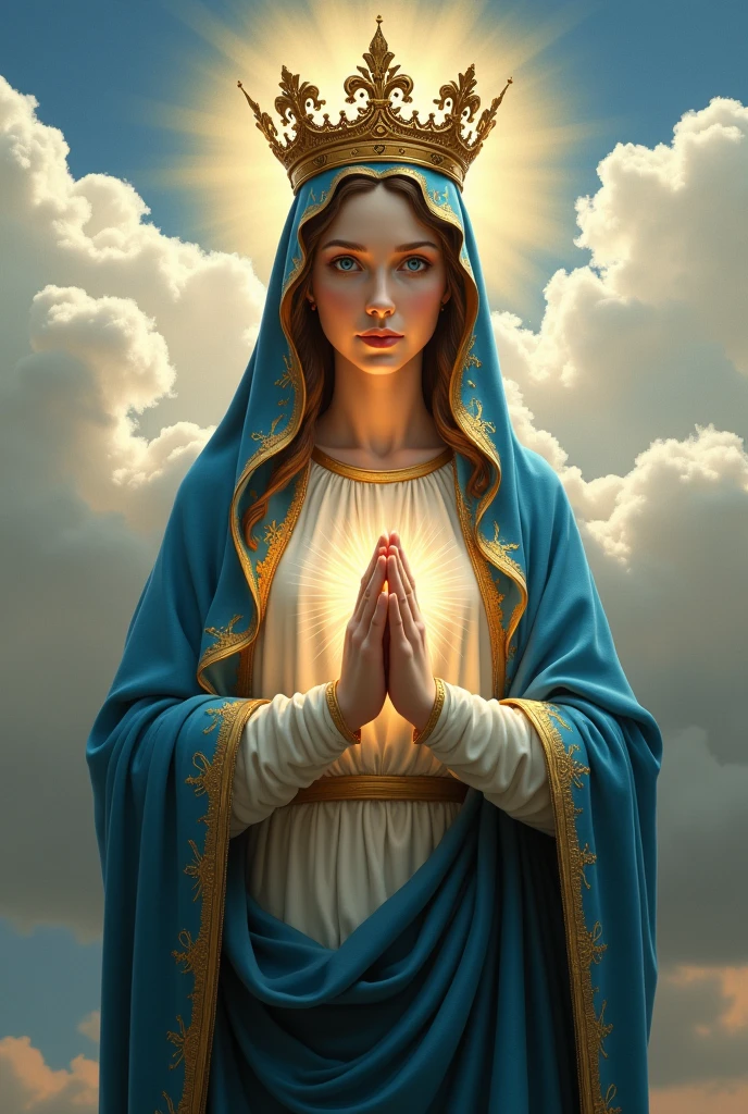 Perfect hand 5 finger, Portrait of a beautiful virgin mary wearing all blue clothes of queen with the queen crown shining the light from her head and heart all over in the clouds, virgin mary, real blue eyes, sunny day, intricate details.real virgin mary, straight head face, Straight body.Prayer virgin mary, perfect full body, perfect hands finger,Prayer virgin mary, praying virgin mary backgrounds natural photographic