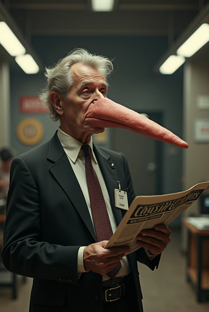 A journalist with a long Pinocchio nose, writing fake news in a tabloid, symbolizing how, without Catharsis, The journalist becomes a "mere spreader of deceptions."