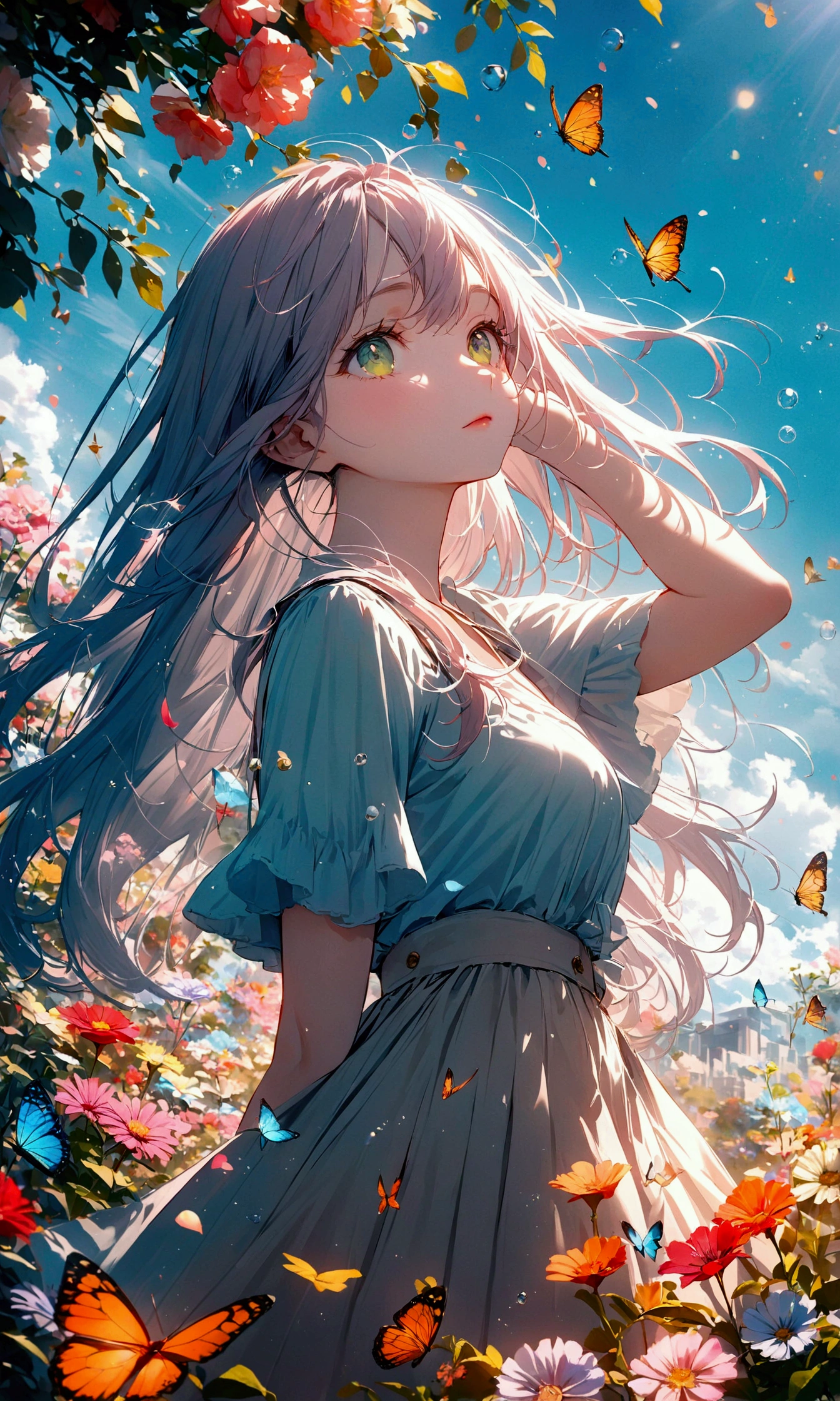 a serene urban scene featuring a young woman with long, flowing pastel pink hair and striking green eyes, dressed in a crisp white shirt with a black tie. She is gently cradling a light brown cat with distinct markings, gazing thoughtfully at it. The background showcases a bright blue sky with soft clouds and a modern cityscape, creating a contrast between the warmth of the interaction and the coolness of the urban environment. The lighting is bright and airy, enhancing the emotional connection between the woman and the cat, while the colors are vibrant yet harmonious, emphasizing the tranquility of the moment. The composition captures a sense of intimacy and reflection, with the woman's profile sharply defined against the soft backdrop, creating a poignant and captivating atmosphere., masterpiece,high resolution,top-quality,Surrealism,提high resolution,RAW photos,best quality,Very detailed,Light,Light线追踪,Golden Ratio)
