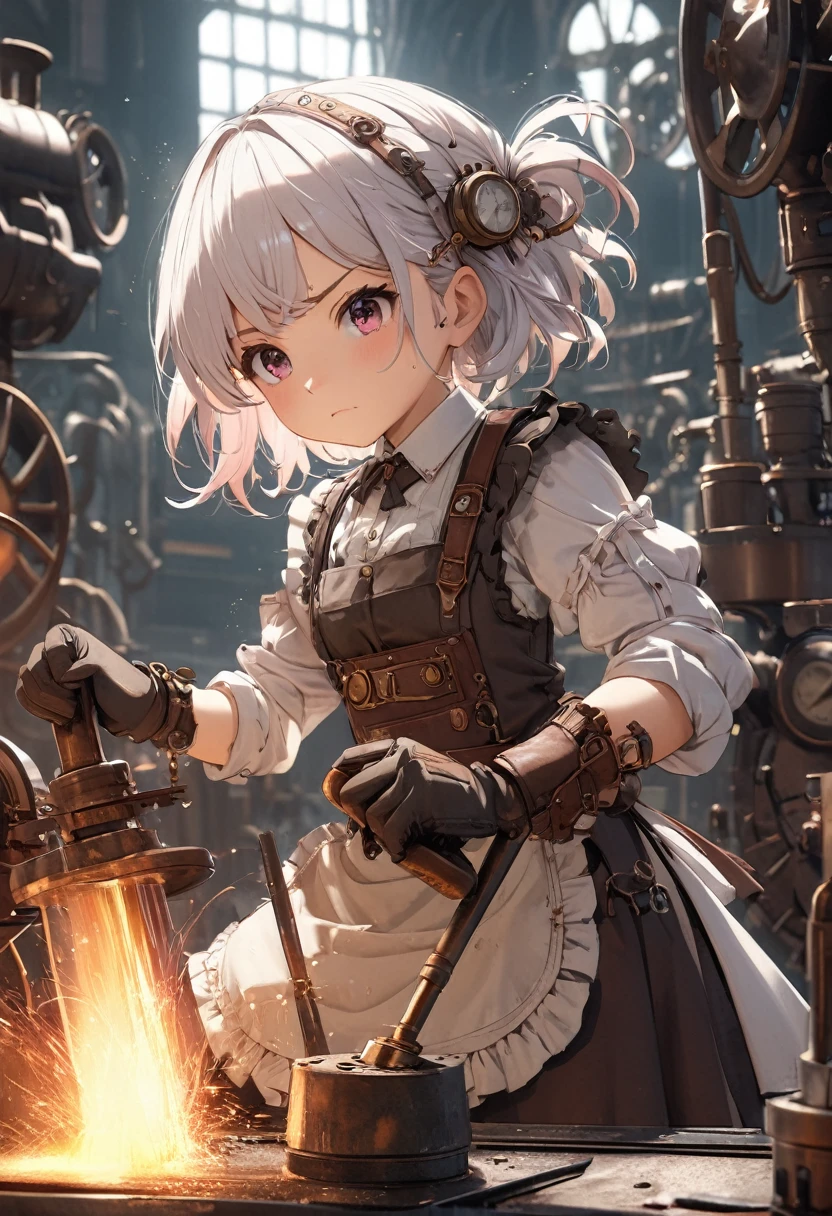 a cute steampunk girl,extremely detailed steampunk mechanical body,short white hair with pink highlights,dirty steampunk apron,sweating and holding a hammer,forging hot iron on a metal table,sparks flying,old industrial steampunk factory background,many steampunk machine tools lined up,spewing steam,hard working girl,determined expression,cowboy shot,highest quality, best quality, 4k, 8k, ultra detailed, physically based rendering, steampunk style, cinematic lighting, fantasy