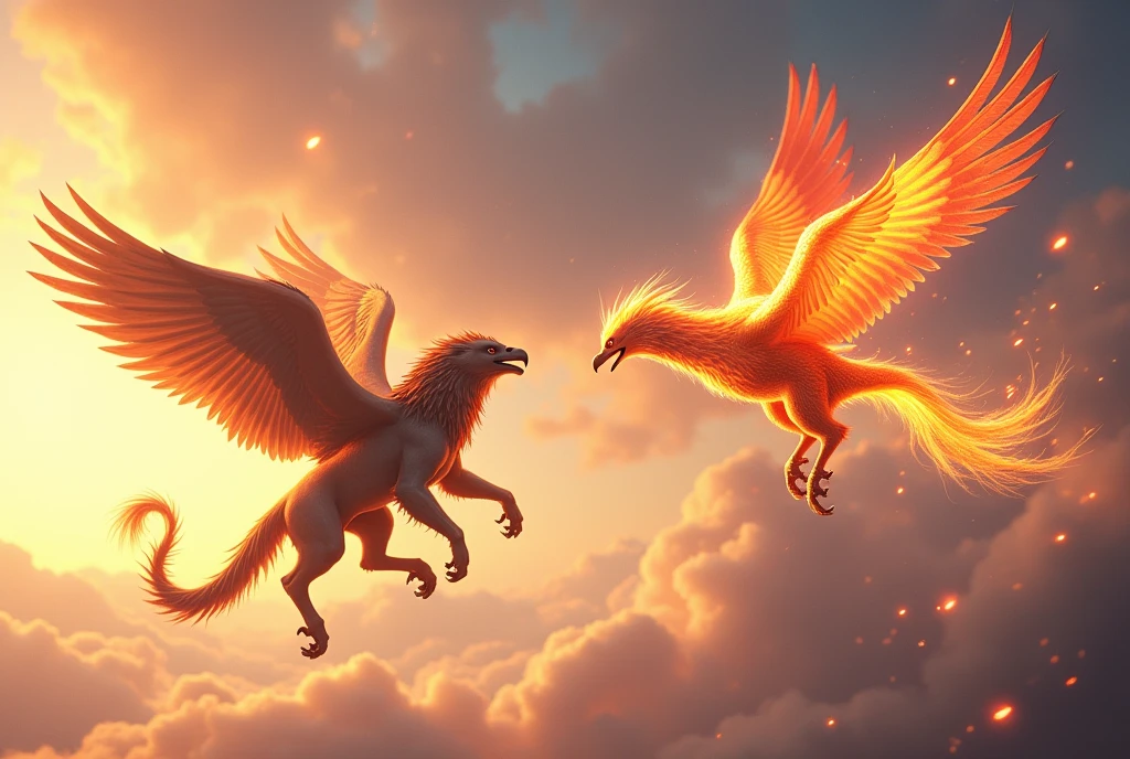 The (gryphon, 2 wings, front half of an eagle, back half of a lion, 4 legs) and the (phoenix, 2 wings, made of fire) clash in morning sky