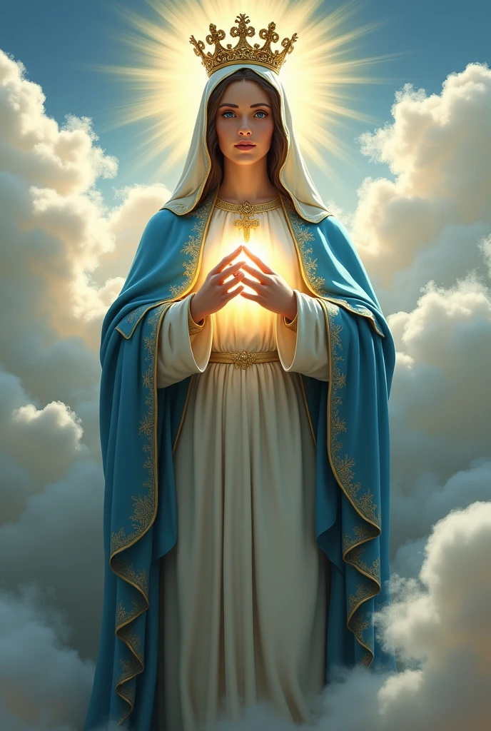 Perfect hand 5 finger, Portrait of a beautiful virgin mary wearing all blue clothes of queen with the queen crown shining the light from her head and heart all over in the clouds, virgin mary, real blue eyes, sunny day, intricate details.real virgin mary, straight head face, Straight body.Prayer virgin mary, perfect full body, perfect hands finger,Prayer virgin mary, praying virgin mary backgrounds natural photographic