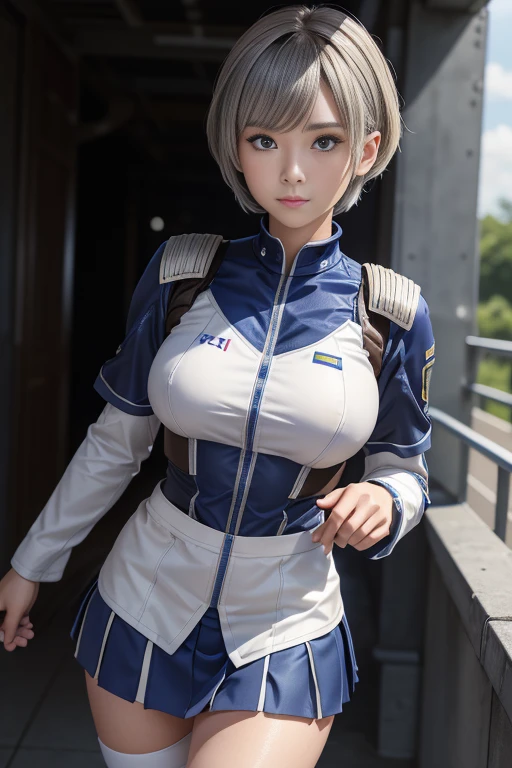 、Earth Federation Operator Girl Soldier、((Shiny skin 1.5)),((Sweaty 1.3)),((Silver short hair 1.6))、Cute like an idol、Childish face and appearance、Accurately drawn face and skirt of Earth Federation uniform))、White and blue uniform、(A uniform that fits your body:1.3)、very 薄い thighs、Inside the bridge of a battleship、Low angle shot、Anatomically correct、Accurate Fingers、Accurate Rimbuster Piece、Photorealization