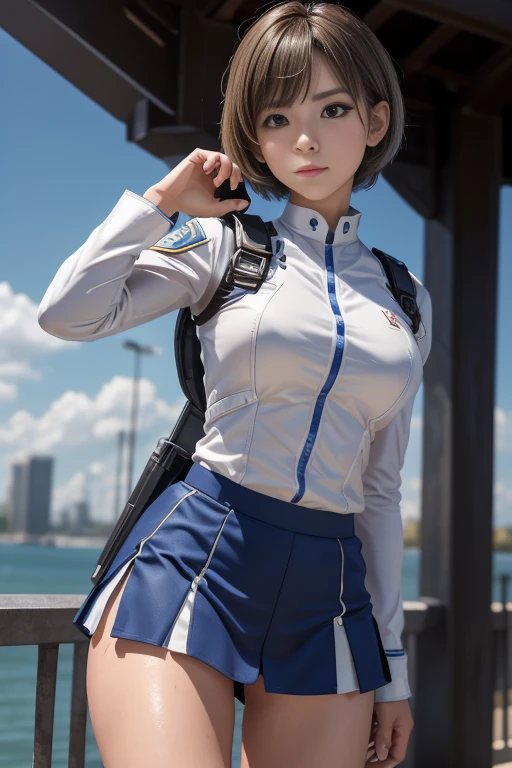 15-year-old girl、Earth Federation Operator Girl Soldier、((Shiny skin 1.5)),((Sweaty 1.3)),((Silver short hair 1.6))、Cute like an idol、Childish face and appearance、Accurately drawn face and skirt of Earth Federation uniform))、White and blue uniform、(A uniform that fits your body:1.3)、very 薄い thighs、Inside the bridge of a battleship、Low angle shot、Anatomically correct、Accurate Fingers、Accurate Rimbuster Piece、Photorealization