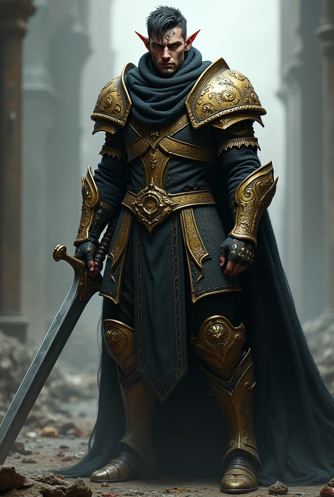 A male Elf. It has dark short hairy and very dark Blue eyes. With a Golden and black armor, the ears were cut and the face Is covered with scars. 1,70 cm in height. Wielding a great sword. He wears a scarf that covers half of his face. It doesn't have ears