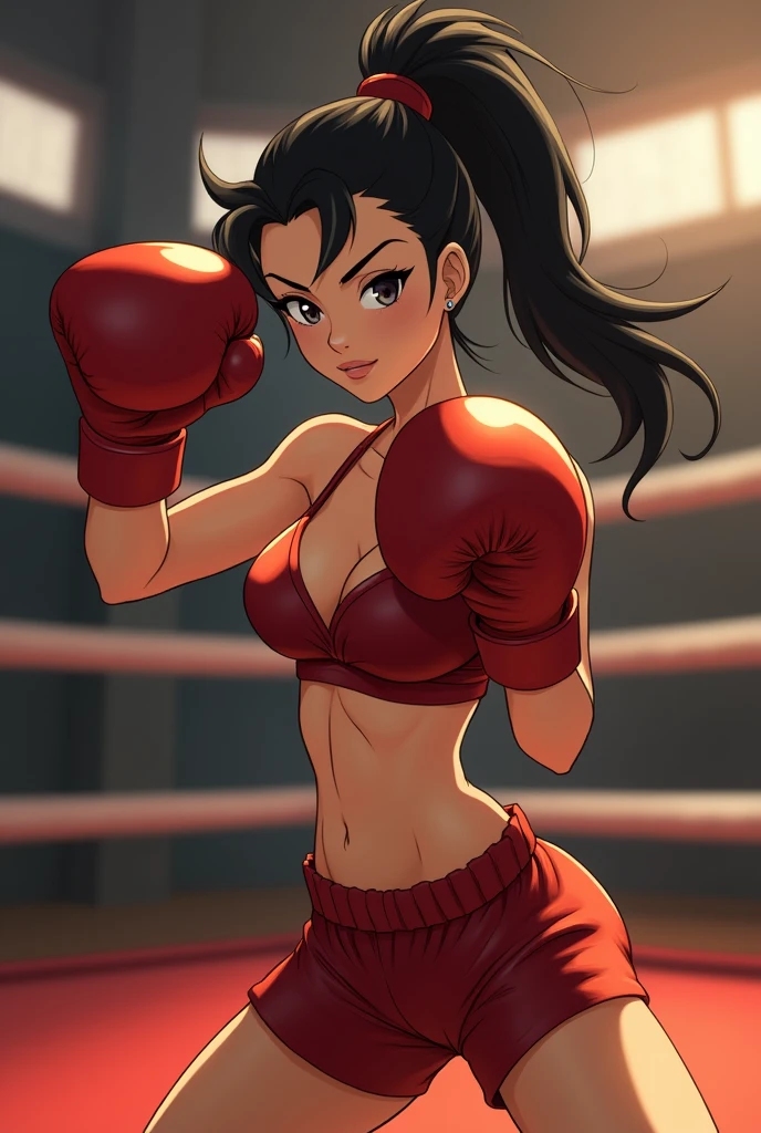 ((Masterpiece)) ((Ultra-detailed)) Azula matatabi, mommy hairtied, boxing bra and shortpant, boxing stance, at boxing ring, normal breast, perfect figure