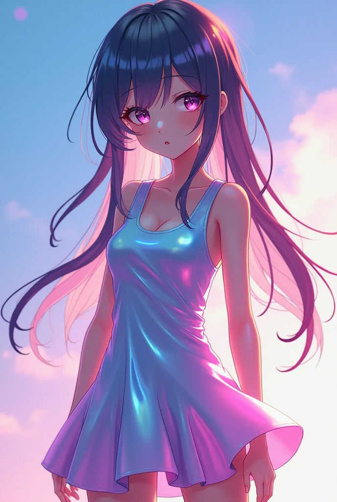 Full body view, hyper realistic anime style, a girl wearing a tank top and skirt gradient, highly reflective and shiny, the dress reflects glares of pink and blue colors, the cloth that reflects rainbow colors, her hairs are also gradient, beautiful detailed eyes, beautiful detailed lips, extremely detailed eyes and face, long eyelashes, photorealistic, 8k, high quality, masterpiece, ultra-detailed, vivid colors, studio lighting, physically-based rendering, digital art, concept art, anime, blue and pink glare all over the image