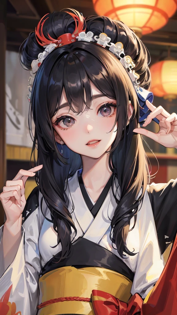 look at camera,(((top quality, 8k, masterpiece))), crisp focus, (beautiful woman with perfect figure), slender, (hairstyle: up)), ((kimono: Kara)), street: 1.2 Highly detailed face and skin texture Detailed eyes Double eyelids random posture, (smile),super cute Japan person,super beauty Japanese girl, realistic face, double eyelid,smile,summer festival , at sunset , beautiful tooth , fire-works back-ground.