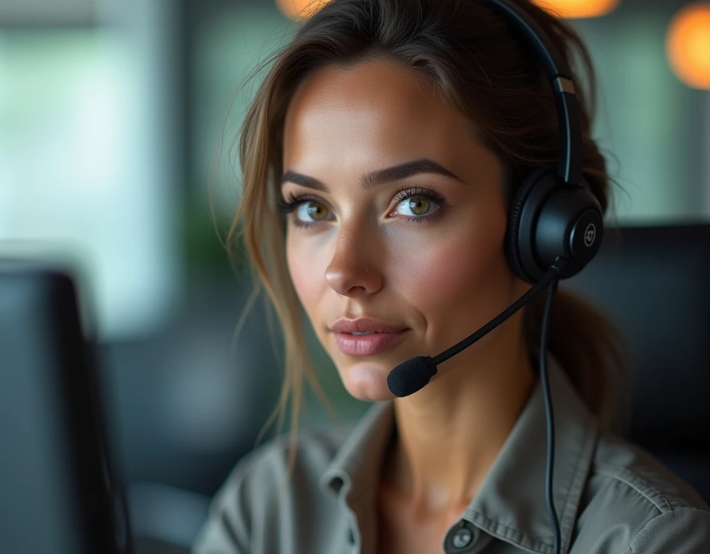 one women, 35 years old, detailled eyes, nose, and lips, wear a professional outfit, Sitting in your office,wears a headset,with your computer, hp computer (best quality,4K,8k,highres,masterpiece:1.2),Ultra-detail,(realisti,photorealisti,photo-realisti:1.37),HDR,studio lighting,Extremely detailed face and body,warm colors,light background