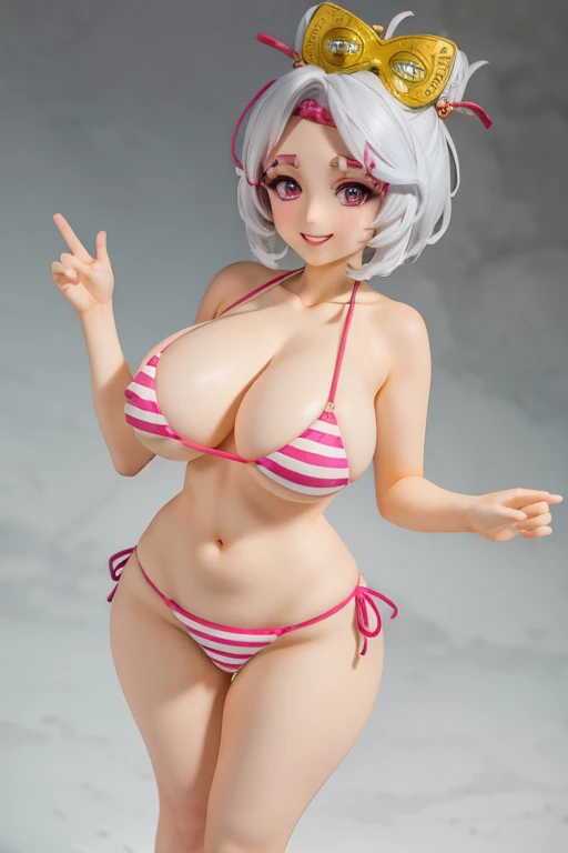 Figure of Purah, sexy pose, big breasts, smile, pink striped bikini 