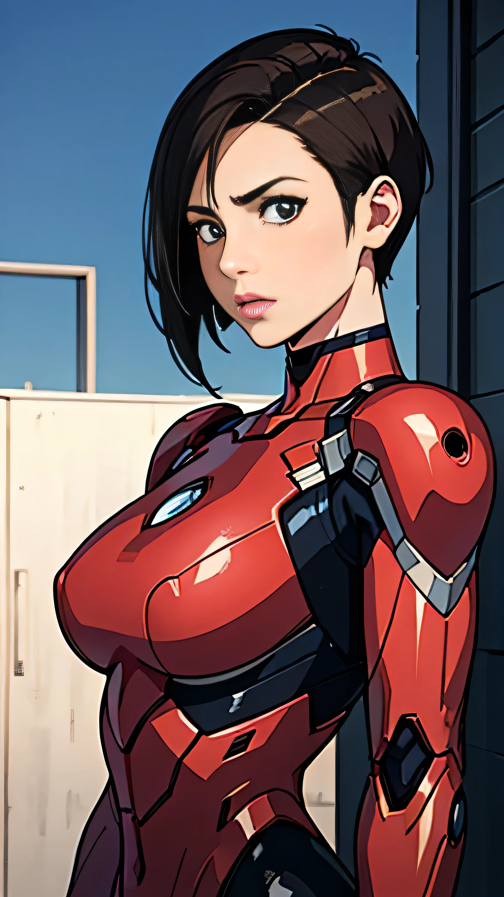 photo of mlp Meowko, RAW, beautiful woman, ((portrait)), ((detailed face:1.2)), ((anime face, anime facial feature, beautiful anime mouth, clear skin, clear skin), (short messy lesbian haircut, one shaved side, brunette: 1.55), (perfect proportioned body, Strong, muscular, narrow waist, narrow hips, skinny, large breasts), (wearing futuristic Iron Man plug suit, black white and pink color scheme, highly detailed) (high detailed city environment, rooftop, (realistic photo, best quality, detailed), (8k wallpaper), (cinematic lighting, beautiful light, (day:1.3)) (sharp focus, intricate)