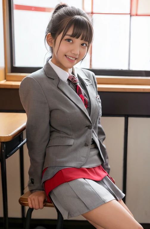 (8k, Highest quality, masterpiece: 1.2), (Realistic, photoRealistic: 1.2), sitting, (Panty shot)))), (Spread your legs)))), alone, 15 years old, (((日本のhigh school girl: 1.6))), In the classroom, Wet, Gaze at the viewer, (sit: 1.5), loafers, smile, Big Breasts, Beautiful Eyes, An empty classroom, high school girl, (short hair :1.1), Panty shot, Spread your legs, Thigh, ((Grey no-tuck mini skirt:1.5)) ,((Gray High School Blazer)), White panties, socks, Knee-length, White shirt, loafers, Realistic, ((小馬鹿にしたsmile :1.5)), ((laugh at:1.2)), lips, Brown eyes, ((Red ribbon around neck)), ((Neat no-tuck Keio skirt)), 茶色のloafers, masterpiece, Highest quality, Ultra detailed face, (((Panties that look like they can be seen))), (((Spread your legs))), ((Like peering into someone's face)), (((Raise one knee))), (((みずみずしいThigh))), squat,(((Spread your legs))), (((膝を上げてsit))), しゃがみPanty shot,