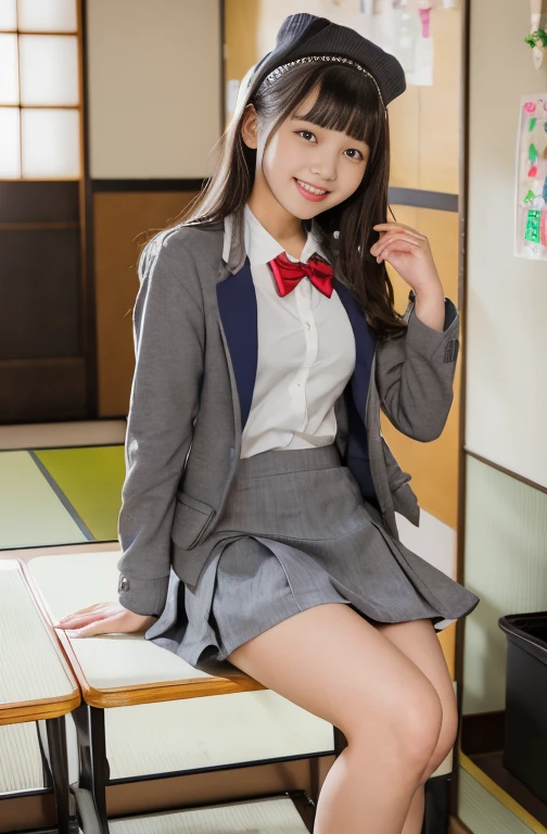 (8k, Highest quality, masterpiece: 1.2), (Realistic, photoRealistic: 1.2), sitting, (Panty shot)))), (Spread your legs)))), alone, 15 years old, (((日本のhigh school girl: 1.6))), In the classroom, Wet, Gaze at the viewer, (sit: 1.5), loafers, smile, Big Breasts, Beautiful Eyes, An empty classroom, high school girl, (short hair :1.1), Panty shot, Spread your legs, Thigh, ((Grey no-tuck mini skirt:1.5)) ,((Gray High School Blazer)), White panties, socks, Knee-length, White shirt, loafers, Realistic, ((小馬鹿にしたsmile :1.5)), ((laugh at:1.2)), lips, Brown eyes, ((Red ribbon around neck)), ((Neat no-tuck Keio skirt)), 茶色のloafers, masterpiece, Highest quality, Ultra detailed face, (((Panties that look like they can be seen))), (((Spread your legs))), ((Like peering into someone&#39;s face)), (((Raise one knee))), (((みずみずしいThigh))), squat,(((Spread your legs))), (((膝を上げてsit))), しゃがみPanty shot,　