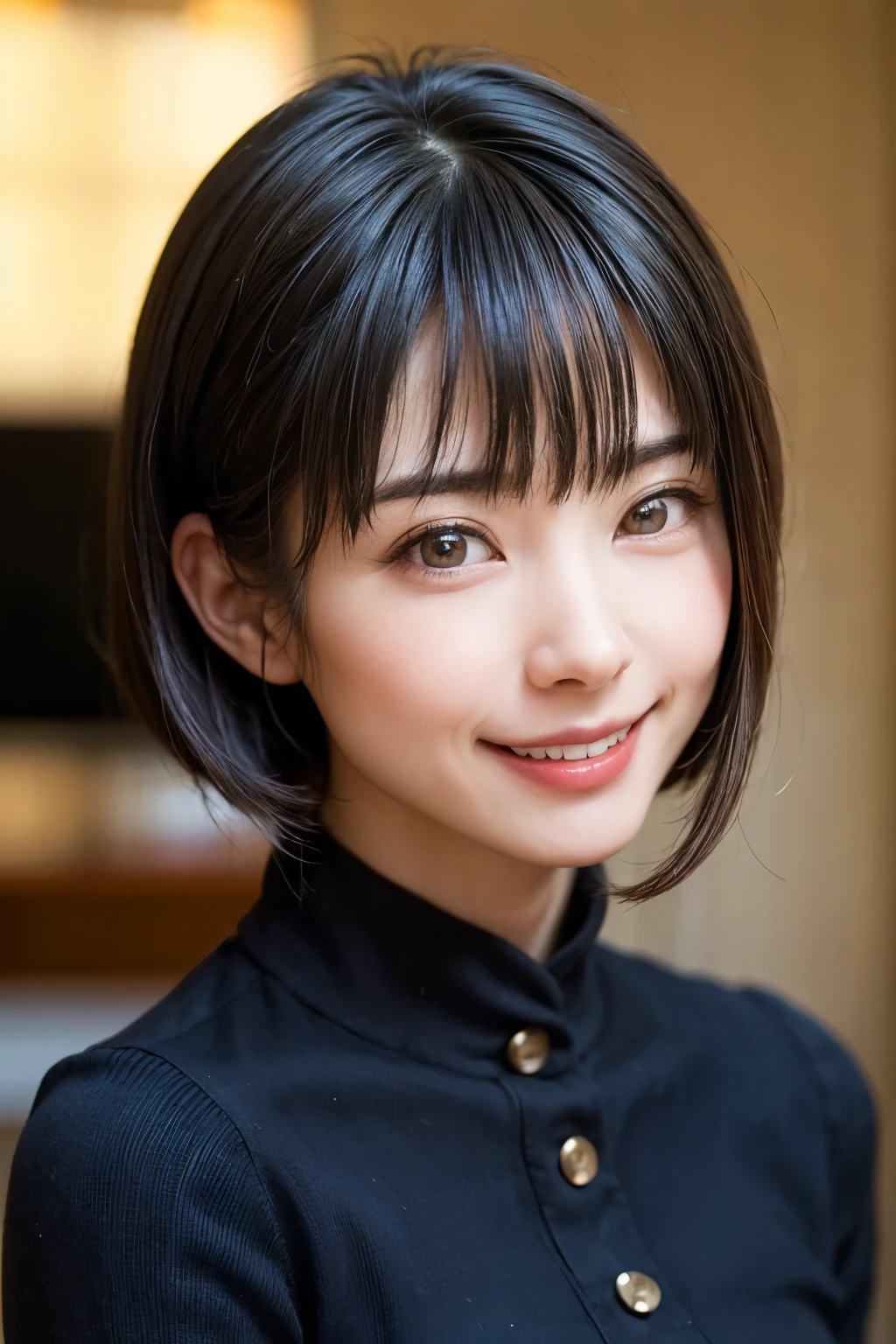 (masterpiece, Highest quality),One Girl, alone, Black-haired,Realisticで全てを詳細に美しく描画する,The beauty of the golden ratio of perfect anatomy、Beautiful, Realistic, Realistic, Looking at the audience, Light-coloured black eyes, Short brunette bob, Brown coat,Beautiful glossy lips, prohibit, Plein Air, Upper Body、Big eyes、Beautiful view of sparkling snow lassi))、(((Short bob hair with bangs:1.4、Shiny Hair、prohibit:1.4、Big eyes、large full chest、Highlights the eyes、Gazing at the audience、Beautiful beauty、Listen carefully、Long neck、Laugh a little、smile、Ideal body type)))、{Huge|big|Hugeな|Mega} chest:2, chestの谷間:2、大きなchestの谷間を見せる:2、A lovely, beautiful and cute sexiness with a dignified charm