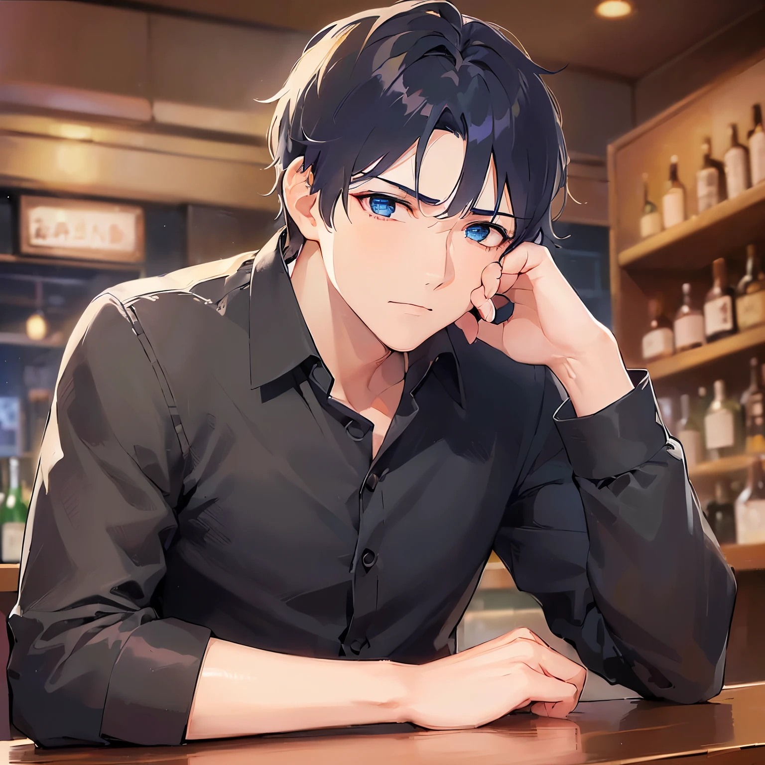 (looking away:1.5),upper body、cheek rest,
shiny skin, masterpiece、Highest quality、
(25-year-old male:1.3) and (Black short hair) and (blue eyes), 
(Black long sleeve shirt：1.5) 
frown、The background is the interior of a bar at night.、(alone:1.5)