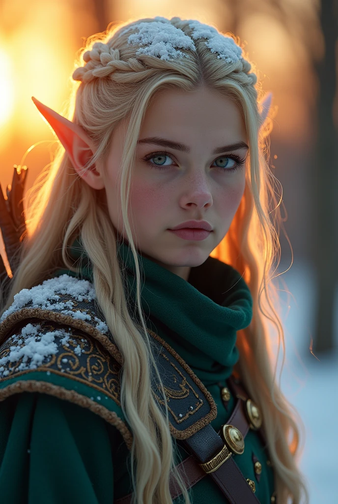 masterpiece, highest quality, so many elf squads on the line, very beautiful extremely detailed face and eyes, detailed full body, detailed hair, detailed legendary archer outfit, (low angle view), snow, sunset evening colorful, cinematic lighting, photorealistic, 8k, hyper detailed, intricate details, (best quality), (realistic), (masterpiece)
