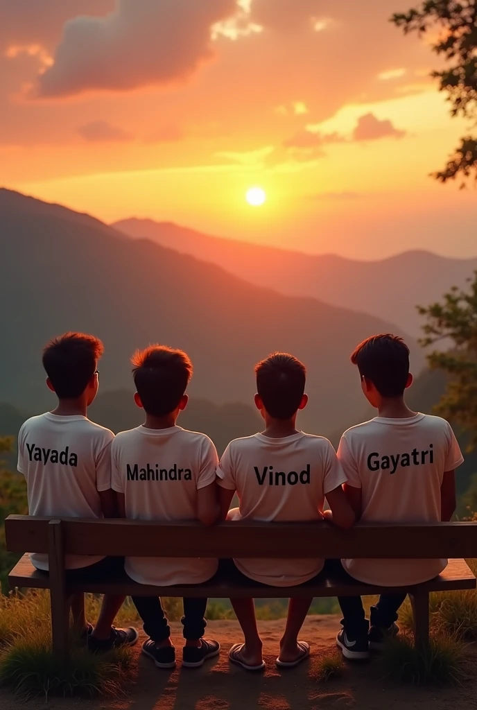 Four best friends  sai , Mahindra , vinod, Gayatri, sitting in bench mountain during sunset.captures the warmth of the sun with golden yellow tone. They are all wearing  T-shirt with their names written in black "