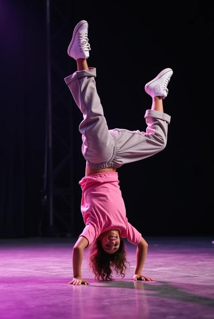 Photo of a girl dancing breakdancing、The pose is done in a handstand with the elbows as the fulcrum and the legs spread apart.、Smiling and looking at the viewer、He is wearing a pink T-shirt, loose pants and white sneakers.、(Night stage background:1.2)、A deep background、A composition that gives a sense of speed、Breaking、Breaking、Masterpiece、Very detailed、anatomically correct