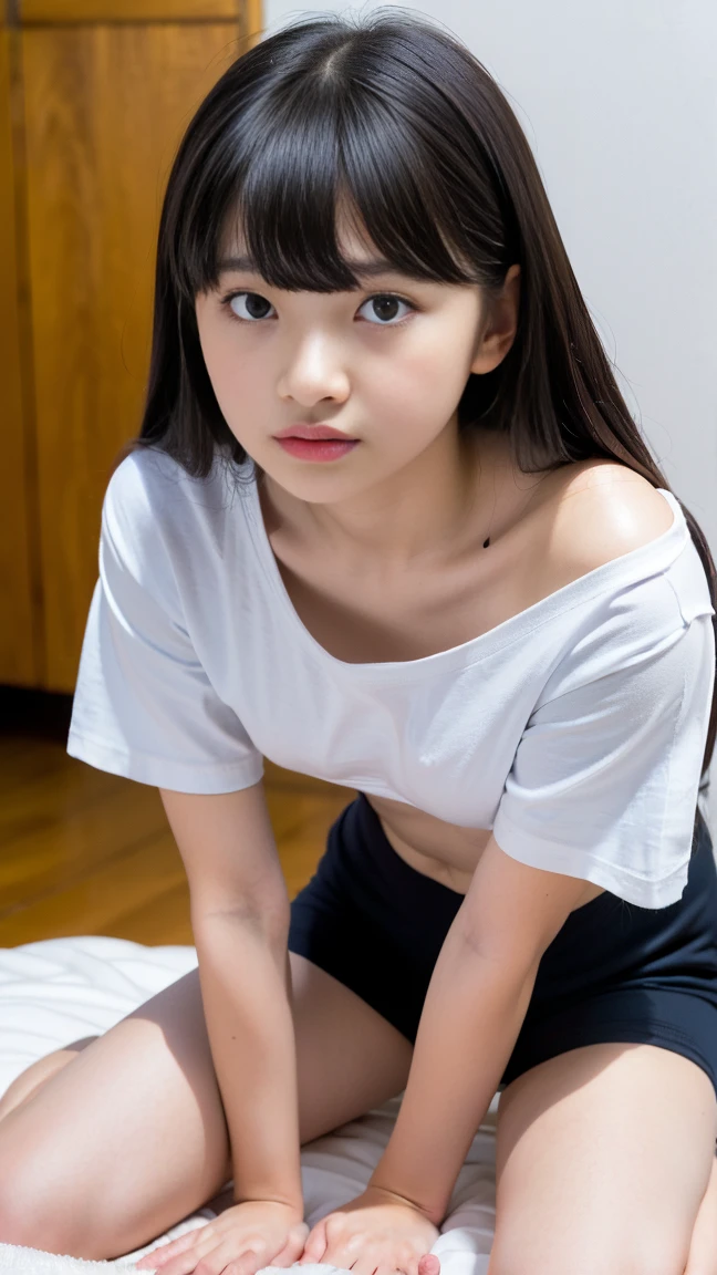 High resolution、Highest quality、masterpiece、beautiful japanese 13 year old girl、White skin、Small breasts、The whole body is shown、very nice,（(Very oversized T-shirt))((T-shirts with too wide a neckline))((Put your hands on the ground, lean forward, and stare at me.))((No bra))((Cleavage))Sweaty、T-shirt and running shorts