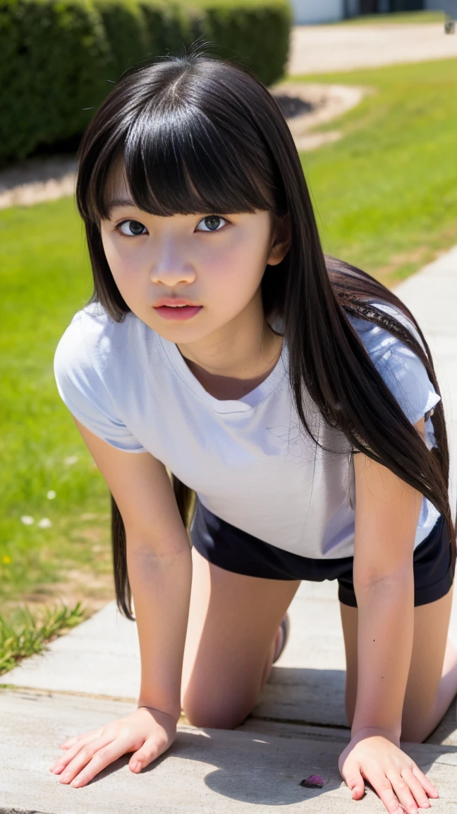 High resolution、Highest quality、masterpiece、beautiful japanese 13 year old girl、White skin、Small breasts、The whole body is shown、very nice,（(Very oversized T-shirt))((T-shirts with too wide a neckline))((Put your hands on the ground, lean forward, and stare at me.))((No bra))((Cleavage))Sweaty、T-shirt and running shorts