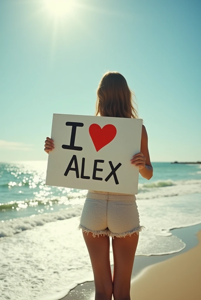 Hyperrealism,A girl holding a sign saying I Love Alex,Standing by the sea,Film quality picture,Sunshine,Waves,Beach