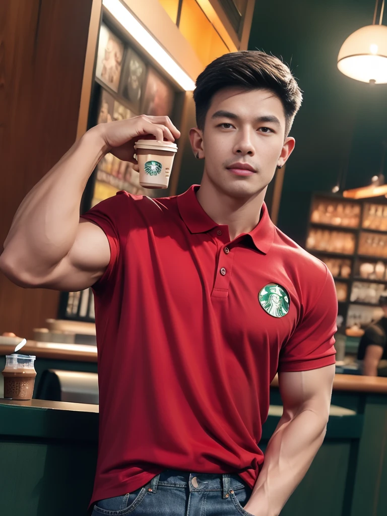 (armface:1.3) , Handsome young man standing, (have a mustache:0.8) , (short hair:1.2), The forearms are muscular., (red polo shirt:1.2),Jeans, Big muscles, Handsome and muscular, full body angle, (Starbucks Coffee:1.1),  (nighttime:1.3), Neon lights