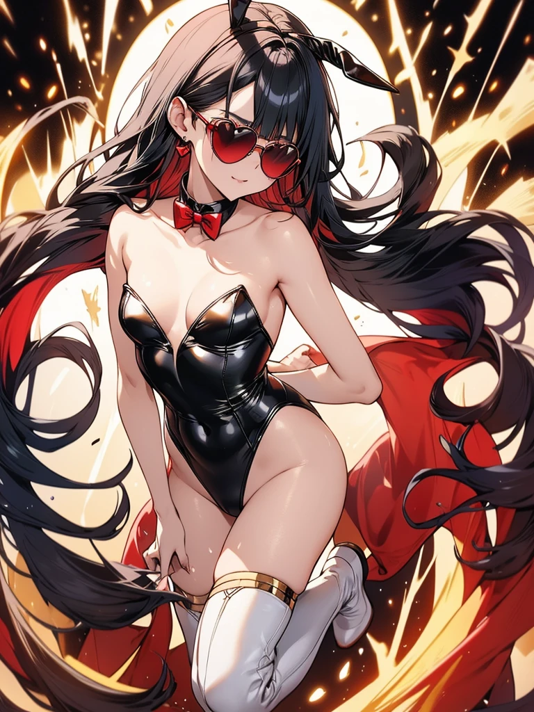 Perfect human body, Beautiful Face, Beautiful long black hair, beautiful wheat-colored skin, Red heart sunglasses, Golden Bunny Suit, White thigh-high boots, Long hair look, Heart Earrings, Small devil, Beautiful Hands, Beautiful fingers, Beautiful legs, like, Long gloves, Shining Sweat, 