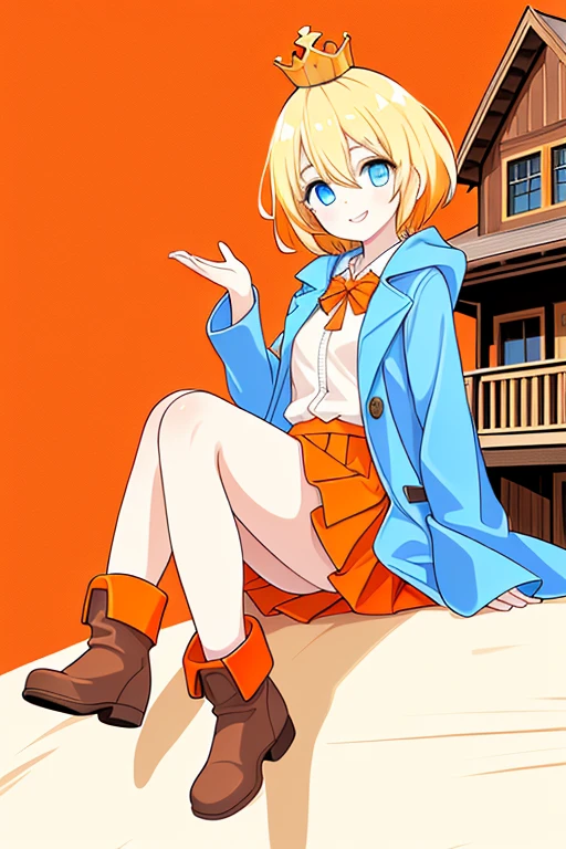 Girl 1,blonde hair,short hair,hair between the eyes,Big eyes,((blue eyes))(blue eyes),crown,Colored short coat(Red),Colored shirt(orange),Two-layered skirt on top color((orange))Color wash(white),Brown boots,Wooden house background,look at the viewer,Smiling sweetly,Highly detailed,Cinematic level display,Realistic picture