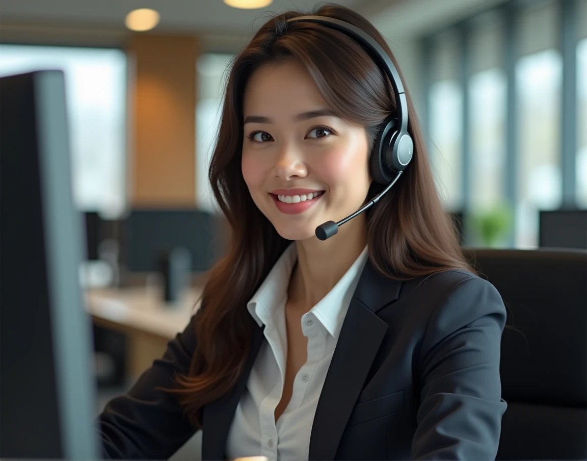 one women, 35 years old, detailled eyes, nose, and lips, wear a professional outfit, Sitting in your office,wears a headset,with your computer, hp computer (best quality,4K,8k,highres,masterpiece:1.2),Ultra-detail,(realisti,photorealisti,photo-realisti:1.37),HDR,studio lighting,Extremely detailed face and body,warm colors,light background