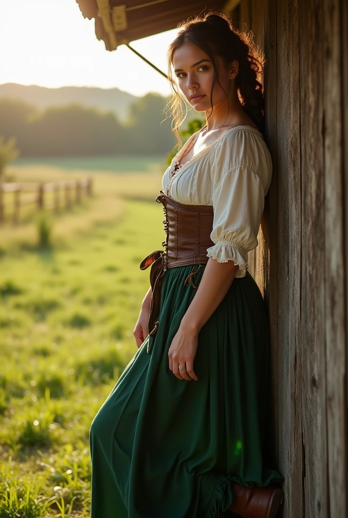 full body photo, tan skin, shy farm girl leaning on the wall of a shed, strong sunlight hitting her, perfect eyes, perfect lips, hair in a ponytail, dark brown eyes, fit body, white peasant sleeve shirt, brown leather corset, very long pleated green skirt, brown shoes, accessories hanging on waist, beautiful landscape in the background, medieval fantasy
