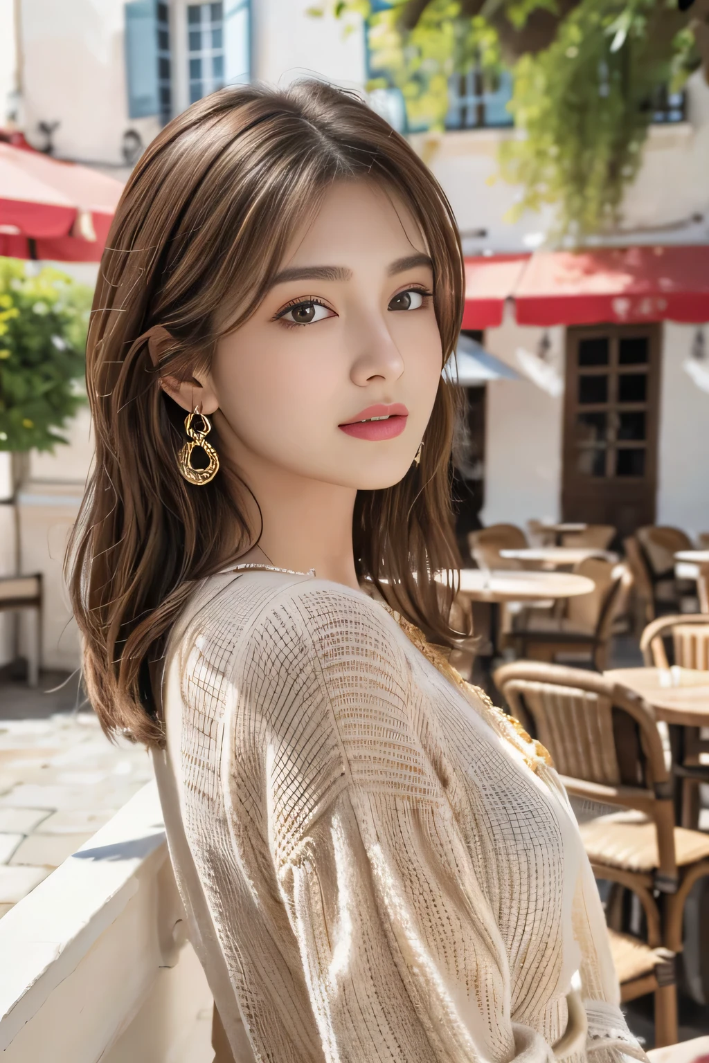 masterpiece, Highest quality, Realistic, Very detailed, Finer details, High resolution, 8k wallpaper, One beautiful woman,Wear a nice blouse, On the terrace of a lovely cafe, at noon, Light brown messy hair, Perfect dynamic composition, Beautiful and beautiful eyes、Big earrings、