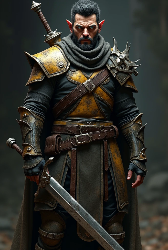 A male Elf. It has dark short hairy and very dark Blue eyes. With a Golden and black armor, the ears were cut and the face Is covered with scars. 1,70 cm in height. Wielding a great sword. He wears a scarf that covers half of his face. It doesn't have ears.guts lookalike