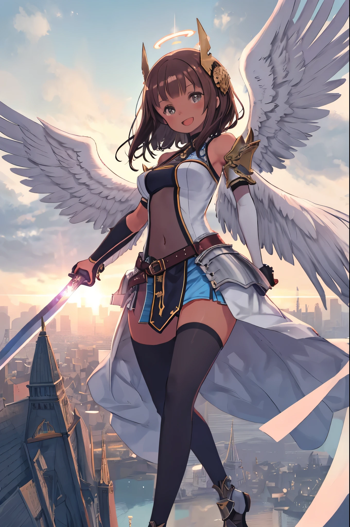 fantasy, 1angel_girl, low_, dark_brown_hair,long_bangs, (dark_skin)+, bare_shoulder, navel out, thighhighs,silver_shiny_armor, white_clothes,waist_armor, Glebe, hold_swords_emits_light, medium_breasts, dynamic_flying_pose,Floating, (1pair_white_wings:1.2),(pelvic_curtain:1.3), silver_Headgear ,looking_down_at_sunset_city_sky_background,,slightly_spread_legs, some_swords_emits_light,some_swords_emits_light_floating_around_the_girl,solo,glare_halo,laugh ,smile,open_mouth,open_legs,open_arms,rise_knee,rise_leg,rise_thigh,rise_leg,forward_leaning_posture,apart_legs,