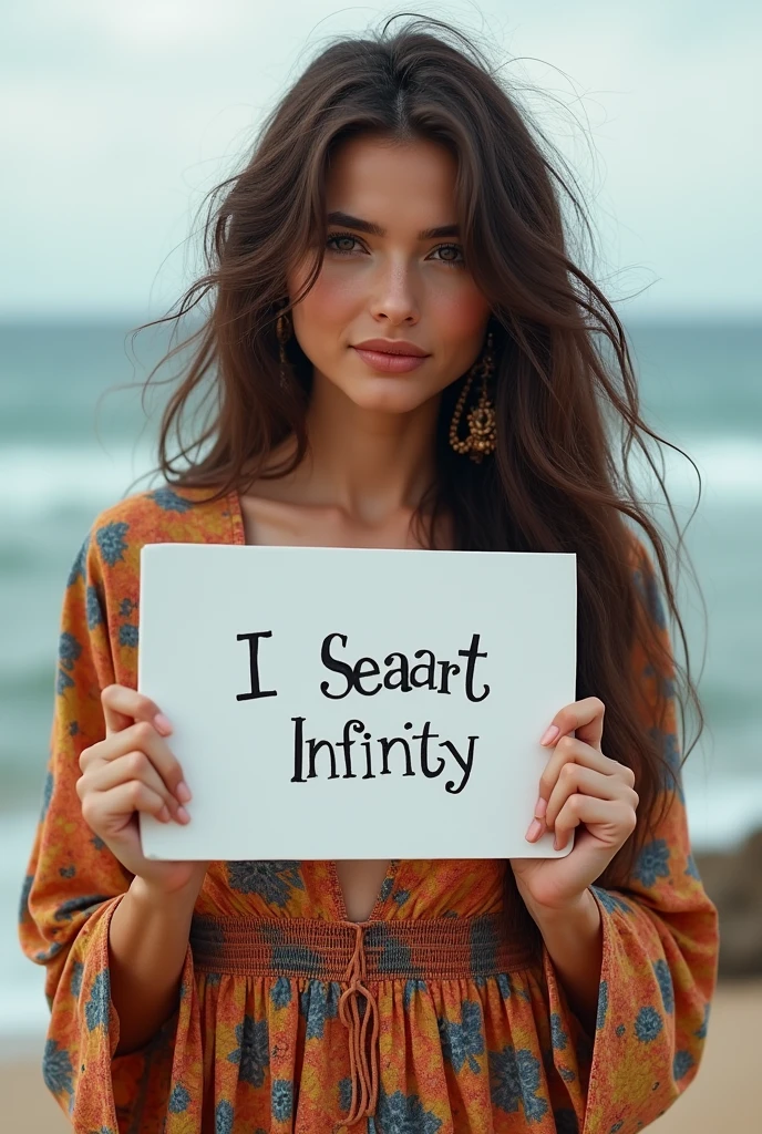 Beautiful girl with wavy long hair, bohemian dress, holding a white board with text "I Love Seaart Infinity" and showing it to the viewer