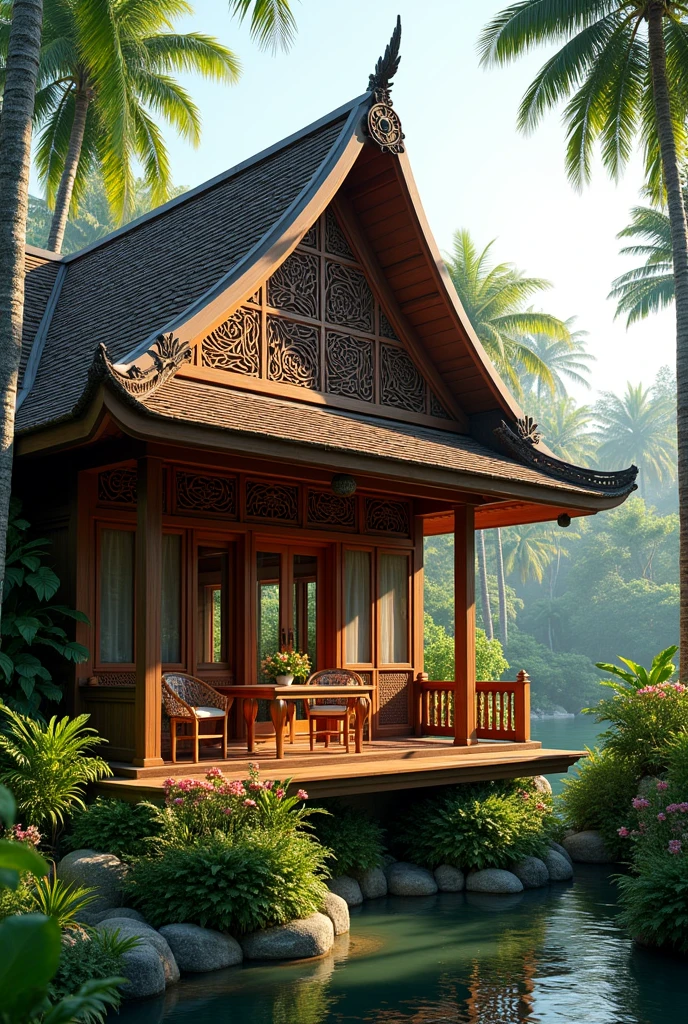 Traditional Javanese wood house , wood furniture in balcony, tropical garden 