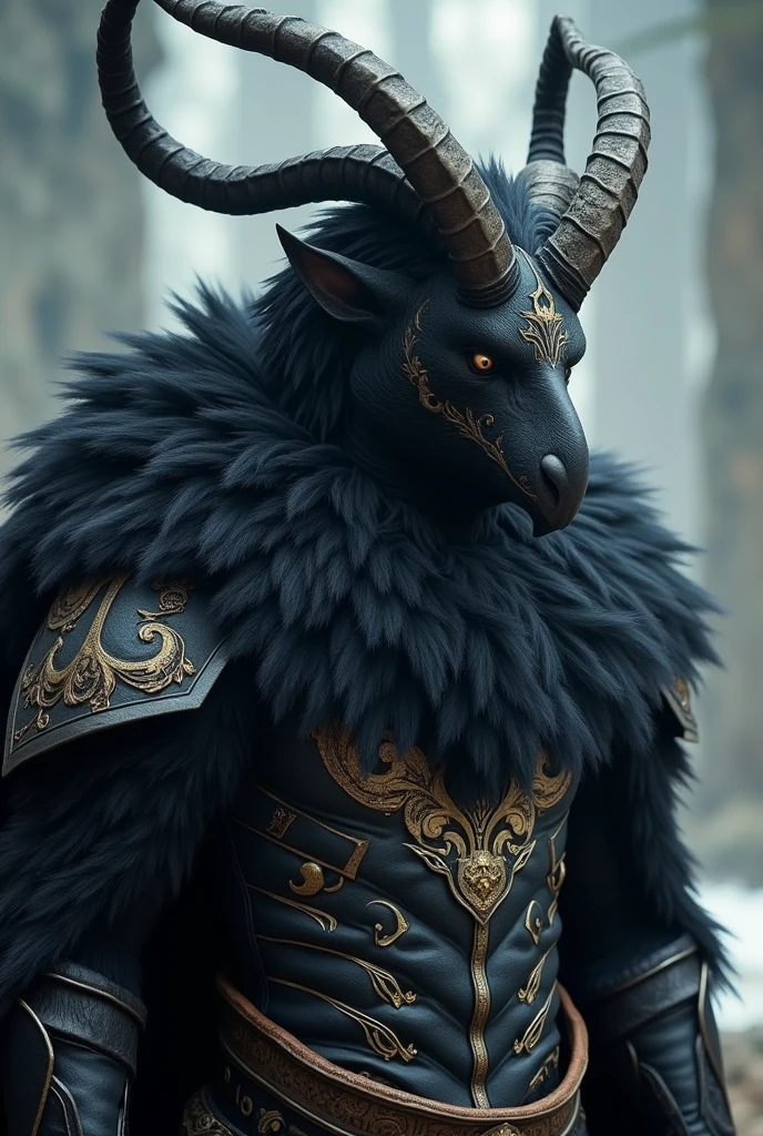 there is a man dressed in a costume with horns and a goat head, final fantasy 14 style, wearing intricate fur armor, black fur armor, ffxiv, an epic majestical degen trader, final fantasy xiv, ffxiv heavensward, final fantasy 14 sharp, final fantasy 1 4 screenshot, black aarakocra eagle warlord