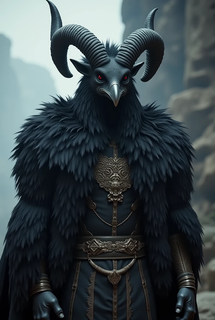 there is a man dressed in a costume with horns and a goat head, final fantasy 14 style, wearing intricate fur armor, black fur armor, ffxiv, an epic majestical degen trader, final fantasy xiv, ffxiv heavensward, final fantasy 14 sharp, final fantasy 1 4 screenshot, black aarakocra eagle warlord