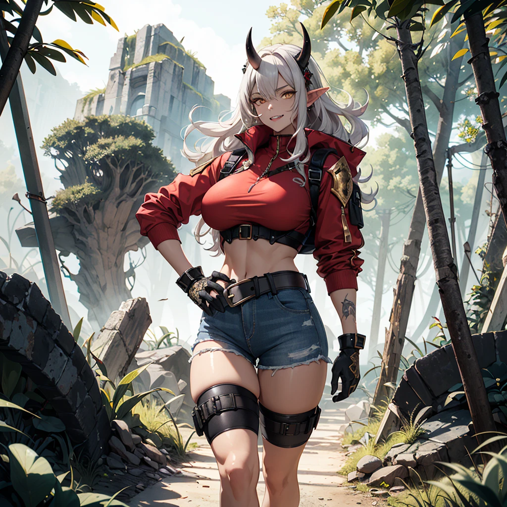 ((best quality)), ((masterpiece)), (detailed), 1 women elf-draconical heavy warrior, 8k_wallpaper, extremely detailed eyes, (large masterpiece digital art), (intricate details:1.3 ), (ultra-detailed:1.3), (sharp focus:1.3), (natural lighting:1.05), (vivid colors:1.3), (best quality:1.4), high quality, expressive eyes, full body, detailed face, beautiful face, perfect face, ((hair sandy white curls)), ((dragon dark horns)), (gold eyes), {{dark skin}}, ({dark skinned female}), big breasts, huge chest, powerful relief muscles of the abdomen and legs, powerful strong muscles of the arms, abdominal piercings, cruel predatory and cold-blooded arrogant look, a predatory smile with many fangs, dressed in an open red coat with rolled up sleeves, a heavy steel breastplate of steel armor, leather pants with steel hip pads, a wide yellow belt tied with chains, steel gloves, steel shoulder pads, a hiking backpack, a ruined village is walking along the old pier, against the backdrop of forests and mountains, dark fantasy style,